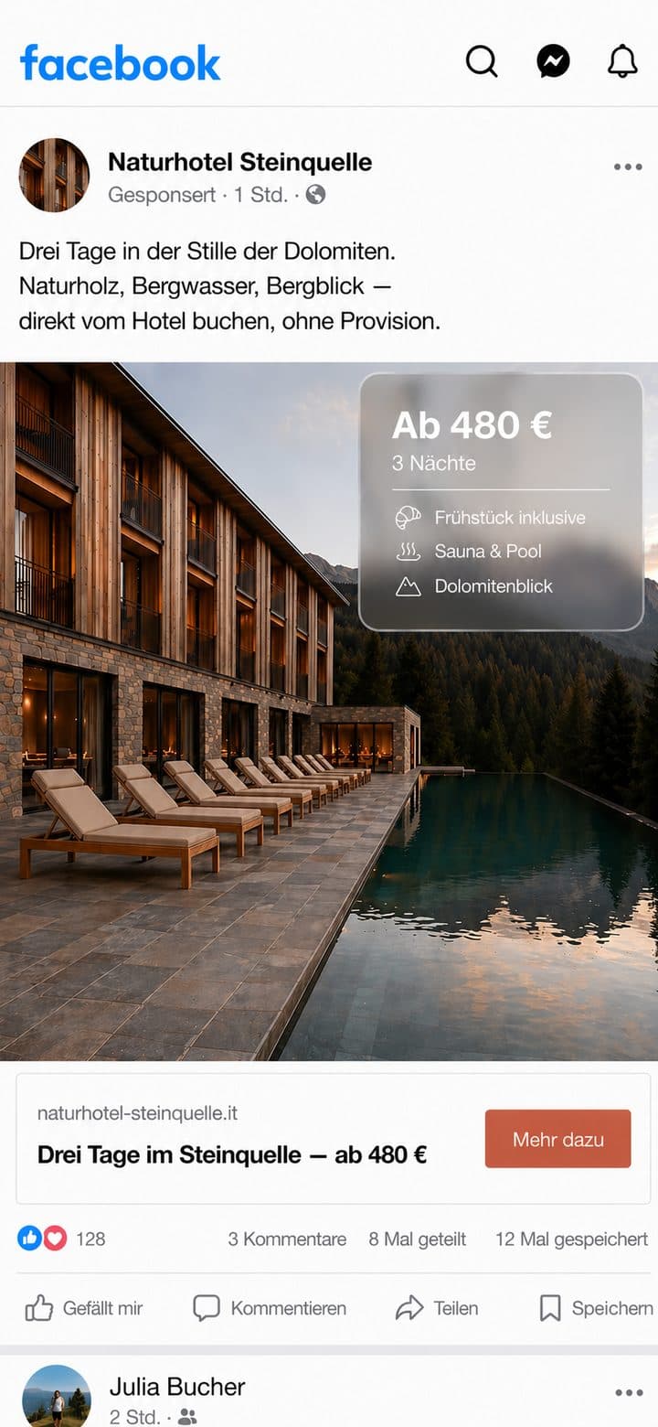 Meta-Anzeige Naturhotel Steinquelle im Facebook-Feed: Drei Tage in der Stille der Dolomiten, ab 480 € für 3 Nächte